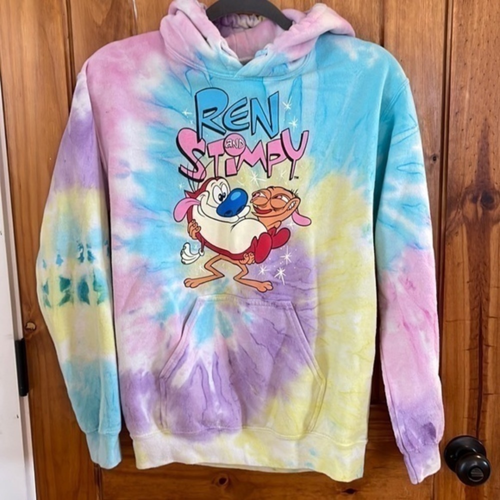 Ren & Stimpy Cartoon NIckelodeon Tie dye Graphic Sweatshirt Hoodie Small